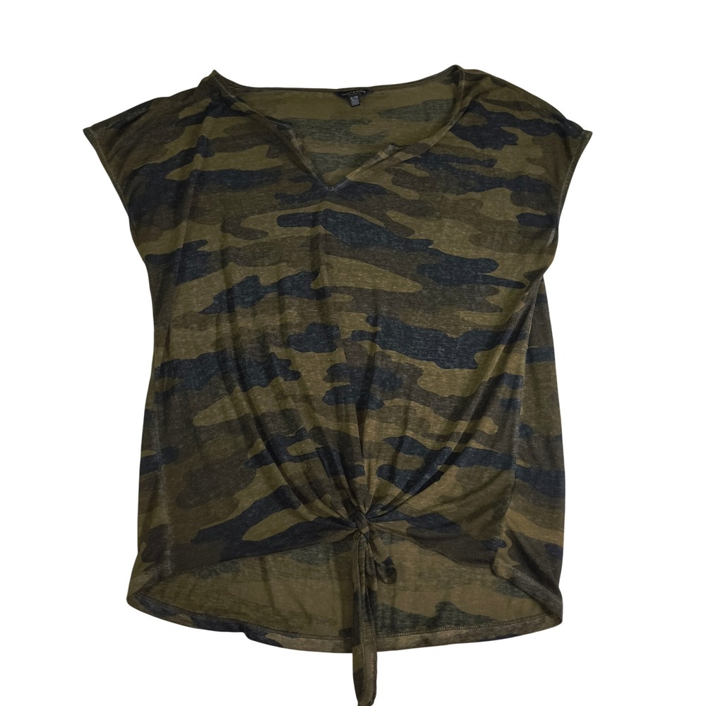 Lucky Brand Womens XL Camo Print Front Tie V-Neck Cap Sleeve Burnout Tee Olive - Picture 1 of 8
